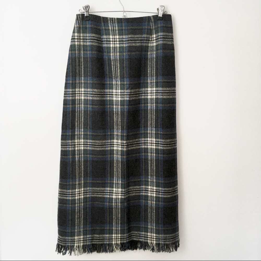 Vintage Wool Plaid Maxi Skirt with Fringe
